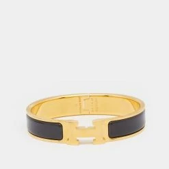 Hermes Hermès Clic H Black Enamel Gold Plated Narrow Bracelet For Women