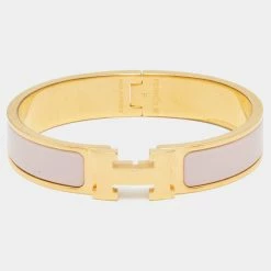 Hermes Clic H Nude Pink Enamel Gold Plated Narrow Bracelet PM For Women