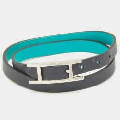 Hermes Green And Black Leather Behapi Reversible Double Tour Bracelet S For Women
