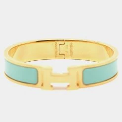 Hermes Hermès Clic H Blue Enamel Gold Tone Metal Narrow Bracelet For Women
