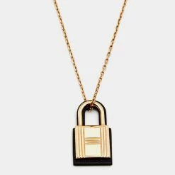 Hermes Hermès Rose Gold Tone Black Leather O'Kelly Pendant Necklace For Women