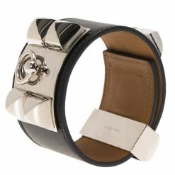 Hermes Hermès Collier De Chien Black Calfskin Leather Palladium Plated Cuff Bracelet For Women
