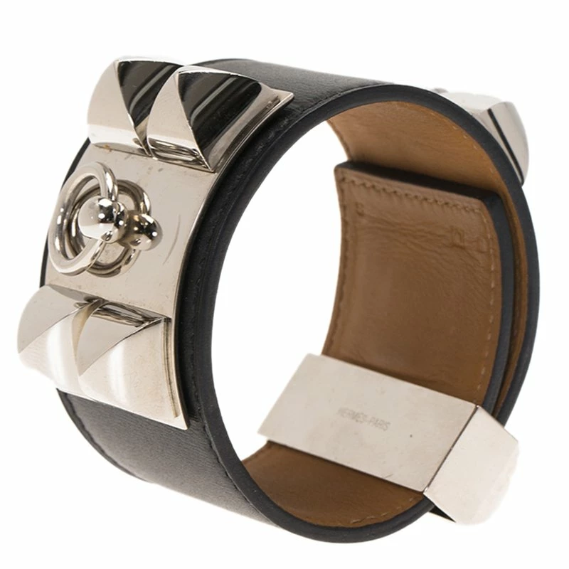Hermes Hermès Collier De Chien Black Calfskin Leather Palladium Plated Cuff Bracelet For Women 3 Hermes Hermès Collier De Chien Black Calfskin Leather Palladium Plated Cuff Bracelet For Women