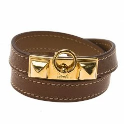 Hermes Rivale Double Tour Brown Leather Gold Tone Bracelet XS For Women