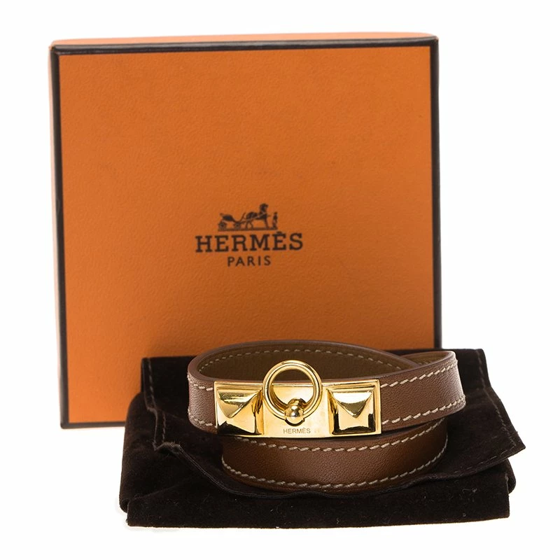 Hermes Rivale Double Tour Brown Leather Gold Tone Bracelet XS For Women 7 Hermes Rivale Double Tour Brown Leather Gold Tone Bracelet XS For Women - Image 5