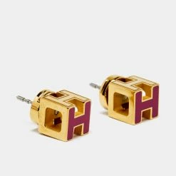 Hermes Hermès Cage D'H Gold Plated Pink Lacquer Stud Earrings For Women -Deals Hermes Store luxury women hermes used accessories p679706 002