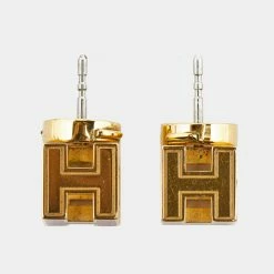 Hermes Hermès Cage D'H Gold Plated Pink Lacquer Stud Earrings For Women -Deals Hermes Store luxury women hermes used accessories p679706 004