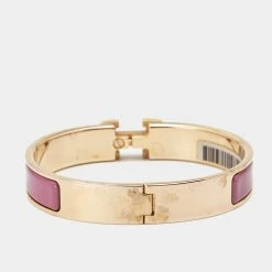 Hermes Hermès Clic H Mauve Enamel Rose Gold Plated Narrow Bracelet For Women -Deals Hermes Store luxury women hermes used accessories p679708 003