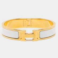 Hermes Hermès Clic H White Enamel Gold Plated Narrow Bracelet For Women
