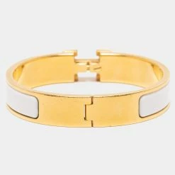 Hermes Hermès Clic H White Enamel Gold Plated Narrow Bracelet For Women -Deals Hermes Store luxury women hermes used accessories p679731 006