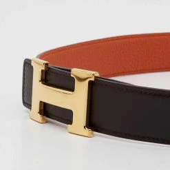Hermes Orange/Chocolat Togo And Box Leather H Buckle Reversible Belt 75CM For Women -Deals Hermes Store luxury women hermes used accessories p680832 006