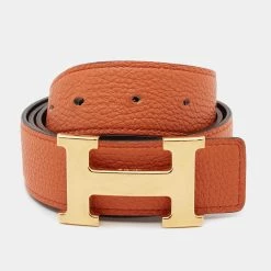 Hermes Orange/Chocolat Togo And Box Leather H Buckle Reversible Belt 75CM For Women