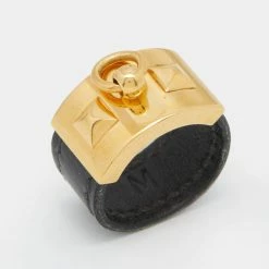 Hermes Hermès Collier De Chien Gold Plated Black Leather Band Ring Size EU 57 For Women