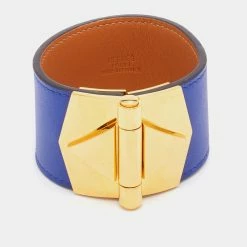 Hermes Hermès Deep Blue Leather Gold Plated Bérénice Cuir Wrap Bracelet M For Women