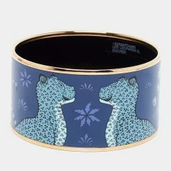 Hermes Hermès Blue Les Leopards Gold Plated Wide Bangle Bracelet For Women