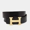 Hermes Black/Gold Togo And Box Leather H Reversible Buckle Belt 85CM For Women