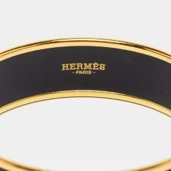 Hermes Caleche Black Enamel Gold Plated Wide Bangle Bracelet For Women -Deals Hermes Store luxury women hermes used accessories p687710 002