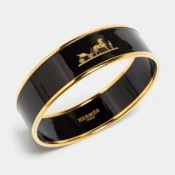 Hermes Caleche Black Enamel Gold Plated Wide Bangle Bracelet For Women -Deals Hermes Store luxury women hermes used accessories p687710 005