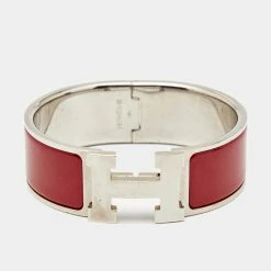 Hermes Hermès Clic Clac H Red Enamel Palladium Plated Wide Bracelet For Women