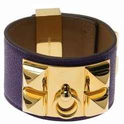 Hermes Hermès Collier De Chien Purple Calfskin Leather Gold Plated Cuff Bracelet S For Women