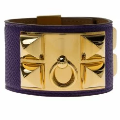 Hermes Hermès Collier De Chien Purple Calfskin Leather Gold Plated Cuff Bracelet S For Women -Deals Hermes Store luxury women hermes used accessories p74116 003