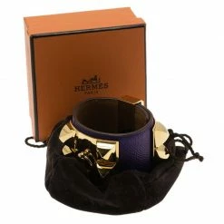 Hermes Hermès Collier De Chien Purple Calfskin Leather Gold Plated Cuff Bracelet S For Women -Deals Hermes Store luxury women hermes used accessories p74116 006
