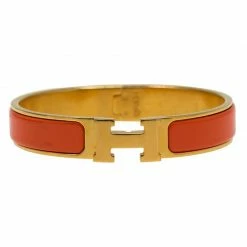 Hermes Clic Clac H Orange Enamel Gold Plated Narrow Bracelet GM For Women