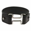 Hermes H Black Leather Palladium Plated Wide Bracelet M For Women -Deals Hermes Store luxury women hermes used accessories p77290 001