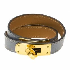 Hermes Kelly Double Tour Grey Leather Gold Plated Wrap Bracelet For Women