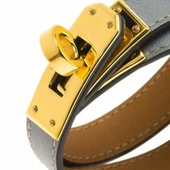 Hermes Kelly Double Tour Grey Leather Gold Plated Wrap Bracelet For Women -Deals Hermes Store luxury women hermes used accessories p78029 003