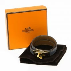 Hermes Kelly Double Tour Grey Leather Gold Plated Wrap Bracelet For Women -Deals Hermes Store luxury women hermes used accessories p78029 006
