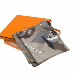 Hermes Grey 'Les Folies Du Ciel II' Silk Square Scarf For Women -Deals Hermes Store luxury women hermes used accessories p78072 005
