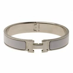 Hermes Clic Clac H Narrow White Enamel Palladium Plated Bracelet GM For Women
