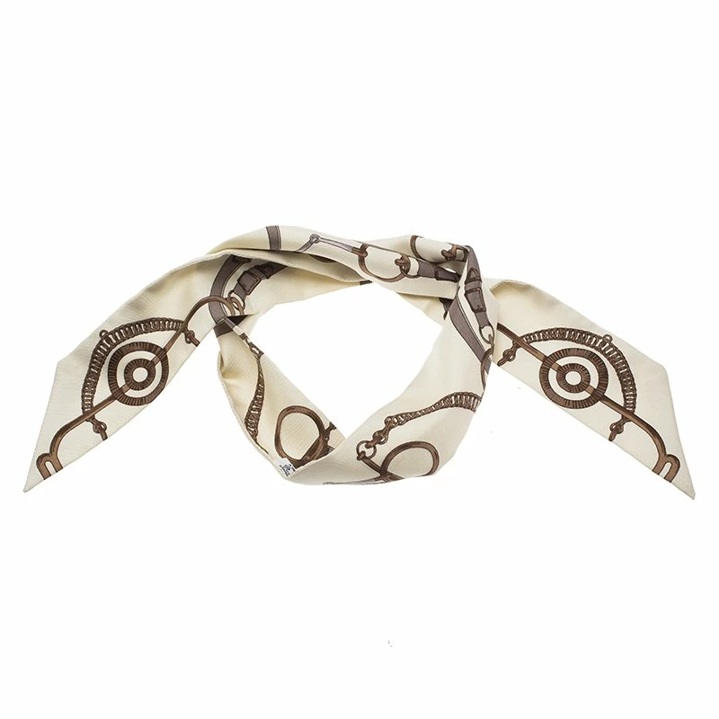 Hermes Cream & Brown Printed Silk Twilly Neck Scarf For Women 3 Hermes Cream & Brown Printed Silk Twilly Neck Scarf For Women