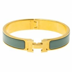 Hermes Clic Clac H Lagoon Blue Enamel Gold Plated Narrow Bracelet GM For Women