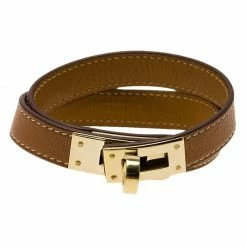 Hermes Kelly Double Tour Brown Leather Gold Plated Wrap Bracelet M For Women