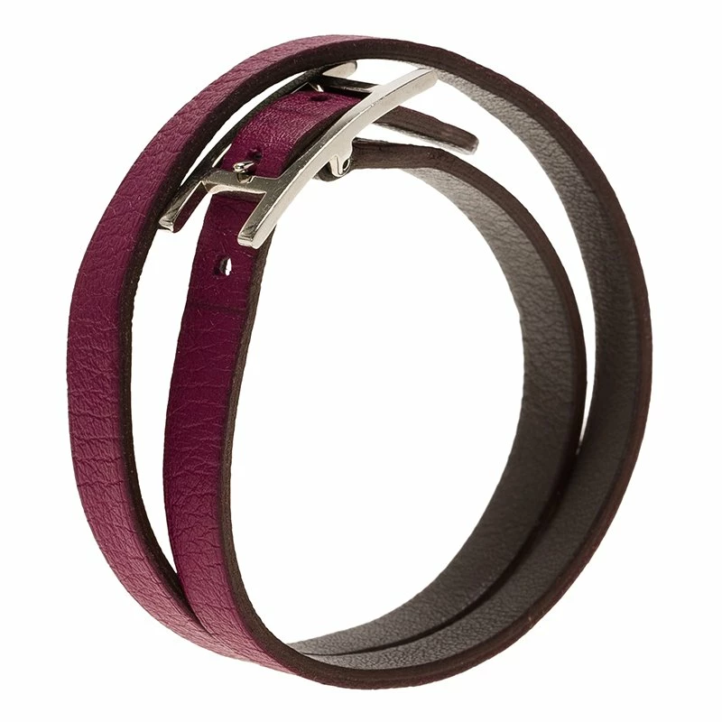 Hermes Hermès Hapi 3 MM Purple Leather Palladium Plated Wrap Bracelet GM For Women 4 Hermes Hermès Hapi 3 MM Purple Leather Palladium Plated Wrap Bracelet GM For Women - Image 2