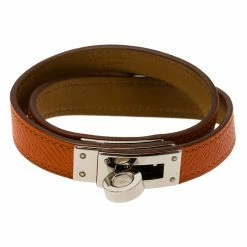 Hermes Kelly Double Tour Orange Leather Palladium Plated Wrap Bracelet PM For Women