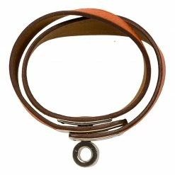 Hermes Kelly Double Tour Orange Leather Palladium Plated Wrap Bracelet PM For Women -Deals Hermes Store luxury women hermes used accessories p79594 004