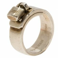 Hermes Vintage H Padlock Silver Band Ring Size 49 For Women