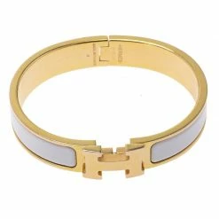 Hermes Clic Clac H White Enamel Gold-Plated Narrow Bracelet PM For Women