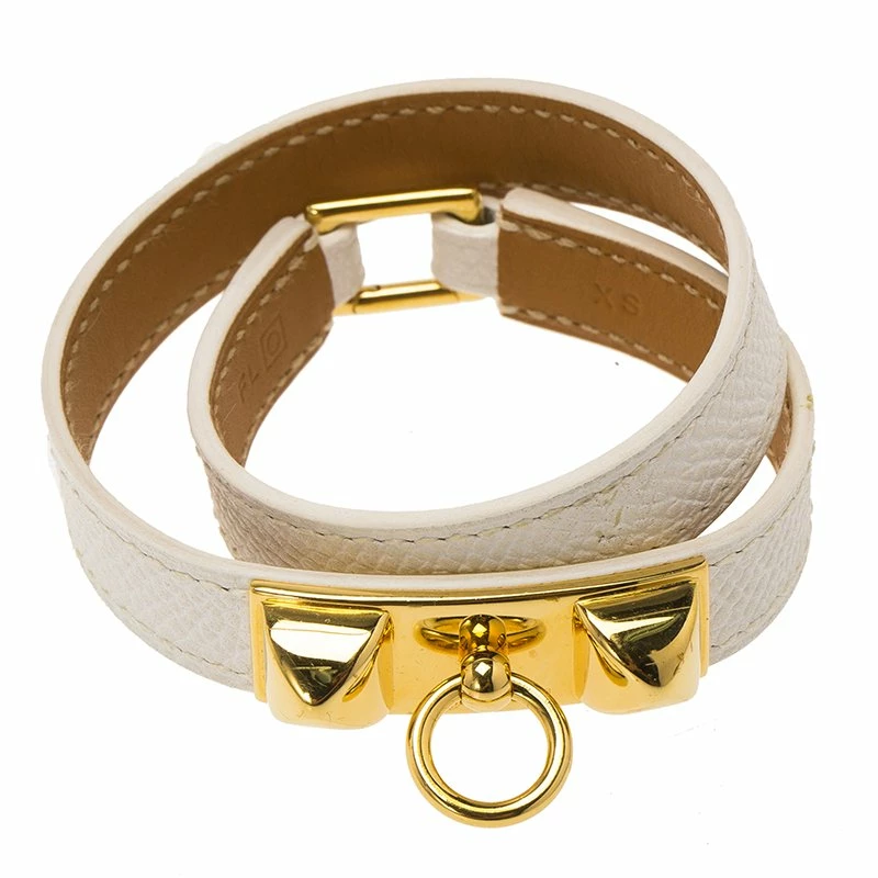 Hermes Rivale Double Tour White Leather Gold Plated Bracelet XS For Women 3 Hermes Rivale Double Tour White Leather Gold Plated Bracelet XS For Women