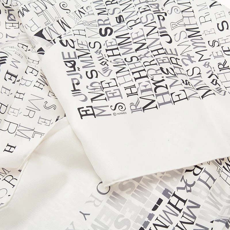 Hermes White & Grey Logo Letters Square Silk Scarf For Women 6 Hermes White & Grey Logo Letters Square Silk Scarf For Women - Image 4