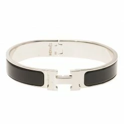 Hermes Clic Clac H Black Enamel Palladium Plated Narrow Bracelet GM For Women