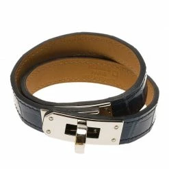 Hermes Blue Kelly Double Tour Alligator Leather Palladium Plated Bracelet S For Women