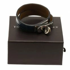 Hermes Blue Kelly Double Tour Alligator Leather Palladium Plated Bracelet S For Women -Deals Hermes Store luxury women hermes used accessories p84025 006