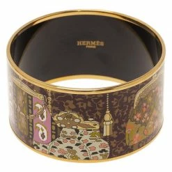 Hermes Extra Wide Printed Enamel Gold Plated Bangle Bracelet For Women