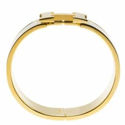 Hermes Clic Clac H White Enamel Gold Plated Wide Bracelet PM For Women