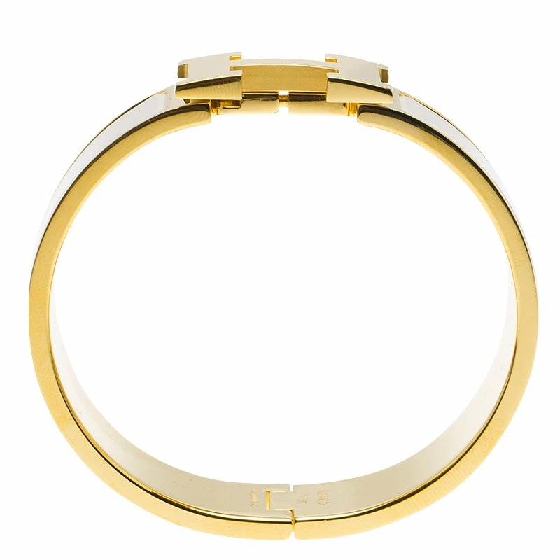 Hermes Clic Clac H White Enamel Gold Plated Wide Bracelet PM For Women 3 Hermes Clic Clac H White Enamel Gold Plated Wide Bracelet PM For Women