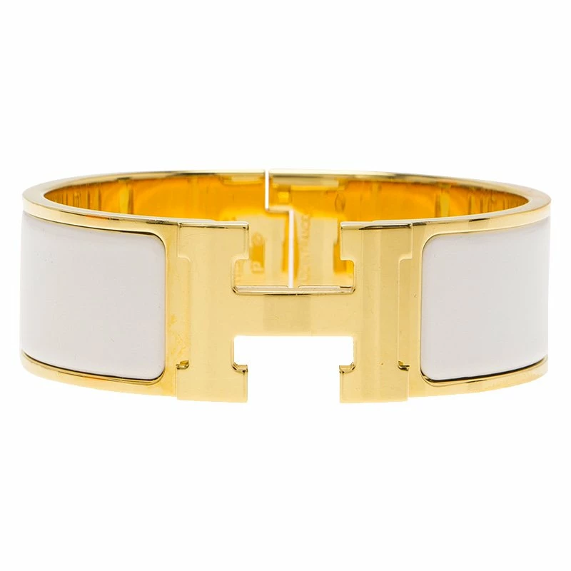 Hermes Clic Clac H White Enamel Gold Plated Wide Bracelet PM For Women 4 Hermes Clic Clac H White Enamel Gold Plated Wide Bracelet PM For Women - Image 2